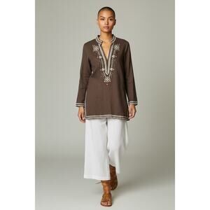 Vintage Old Navy Boho Hippie Brown Linen Embroidered Tunic Blouse M